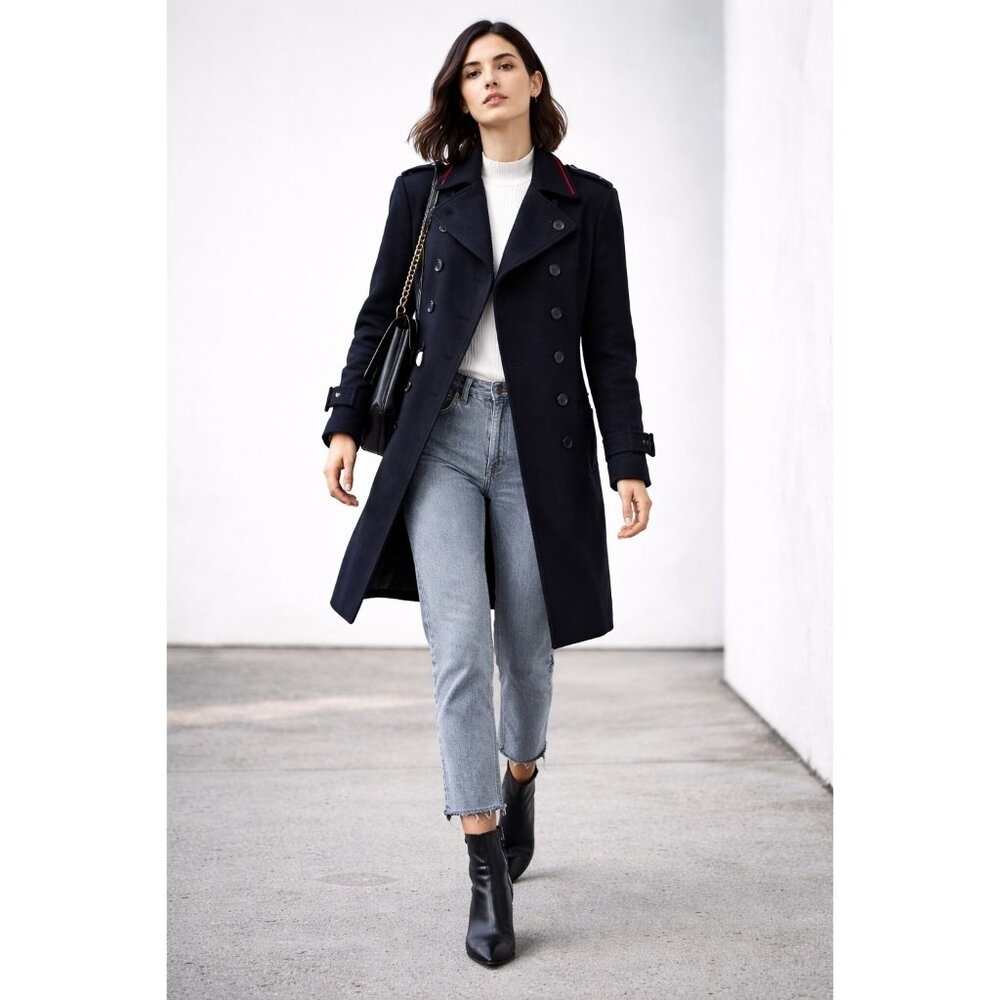 OPERATIONS NYC Black Wool Cashmere Military Peacoat Trench Coat Small USA Made